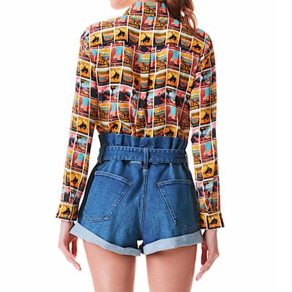 Alice + Olivia Western Postcard with Tag Print Silk Shirt Button-down Top - Picture 11 of 15